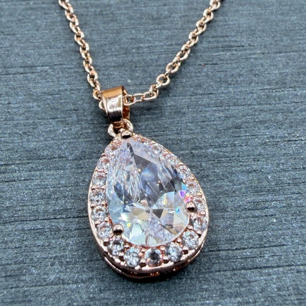 Rose Gold Tone Pear Cut CZ Halo Pendant Necklace Clear Crystal Bridal Jewelry